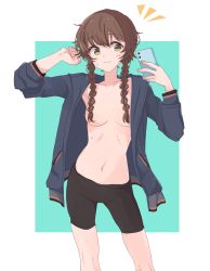 Rule 34 | 1girl, :3, amane suzuha, aqua background, arms up, bike shorts, black bike shorts, black shorts, blue hoodie, blush, blush stickers, braid, breasts, brown hair, cellphone, collarbone, commentary request, convenient censoring, cowboy shot, dot nose, green eyes, hair censor, hair over breasts, highres, holding, holding cellphone, holding phone, hood, hoodie, jacket, kahlua (artist), long hair, long sleeves, looking at viewer, medium breasts, messy hair, midriff, navel, no bra, no shirt, notice lines, open clothes, open hoodie, open jacket, phone, photo (medium), selfie pose, shorts, simple background, smartphone, smile, solo, steins;gate, sweat, track jacket, twin braids