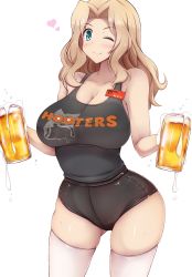 Rule 34 | 10s, 1girl, :d, alcohol, beer, beer mug, black shirt, black shorts, blonde hair, blue eyes, breasts, character name, cleavage, closed mouth, clothes writing, cowboy shot, cup, curvy, employee uniform, girls und panzer, heart, hooters, huge breasts, kay (girls und panzer), long hair, mug, name tag, one eye closed, open mouth, shirt, short shorts, shorts, simple background, skin tight, smile, solo, tank top, thighhighs, uniform, waitress, white background, white thighhighs, yuzumiya mono