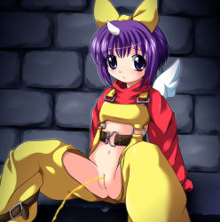 Rule 34 | 1girl, anus, arm support, belt, blush, bow, breasts, brick wall, brown belt, cleft of venus, eiko carol, final fantasy, final fantasy ix, hair bow, horns, long sleeves, looking at viewer, navel, overalls, peeing, purple eyes, purple hair, pussy, red shirt, revealing clothes, sana (kerarino), shirt, short hair, single horn, sitting, small breasts, square enix, uncensored, wings, yellow overalls