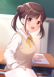 Rule 34 | 1girl, 23nanato, :d, blunt bangs, blush, book, brown hair, classroom, collared shirt, desk, double bun, from behind, hair bun, highres, holding, idolmaster, idolmaster shiny colors, indoors, long sleeves, looking at viewer, looking back, neck ribbon, open mouth, paper, pov, red hair, ribbon, school desk, shirt, sitting, smile, solo, sonoda chiyoko, sweater vest, twintails, upper body, white shirt, yellow ribbon