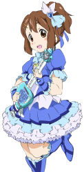 Rule 34 | 1girl, :d, blue footwear, blue skirt, blush, boots, brown eyes, brown hair, cosplay, cure beat, cure beat (cosplay), dress, face, frills, gloves, hair ornament, hairclip, heart, hirasawa yui, instrument, k-on!, leg up, magical girl, open mouth, precure, short hair, side ponytail, simple background, skirt, smile, solo, suite precure, umanosuke