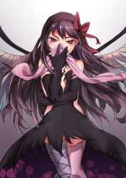 Rule 34 | 10s, 1girl, absurdres, akemi homura, akuma homura, argyle, argyle clothes, argyle legwear, asymmetrical legwear, bare shoulders, black gloves, black hair, borrowed clothes, bow, choker, dress, elbow gloves, feathered wings, gloves, hair bow, highres, long hair, looking at viewer, mahou shoujo madoka magica, mahou shoujo madoka magica: hangyaku no monogatari, pg (pgouwoderen), pink thighhighs, red eyes, simple background, smelling, smelling clothes, solo, spoilers, thighhighs, uneven legwear, unworn thighhighs, wings, yuri, zettai ryouiki
