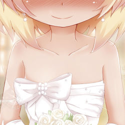 Rule 34 | 1girl, bad id, bad pixiv id, bare shoulders, blonde hair, blush, bouquet, contemporary, dress, earrings, female focus, flower, head out of frame, jewelry, koji (kohei66), rumia, short hair, smile, solo, strapless, strapless dress, touhou, upper body, wedding dress