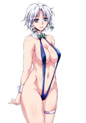 Rule 34 | 1girl, alternate costume, bad id, bad pixiv id, bikini, blue bikini, blue eyes, bow, bowtie, braid, breasts, cleavage, female focus, hair bow, highres, izayoi sakuya, large breasts, looking at viewer, ootsuki wataru, open mouth, slingshot swimsuit, smile, solo, swimsuit, thigh strap, touhou, transparent background, twin braids, white hair, wrist cuffs
