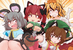 Rule 34 | 4girls, :3, animal ear fluff, animal ears, basket, blonde hair, blush stickers, braid, brown hair, cat ears, cat tail, chen, commentary request, emphasis lines, fang, gold trim, grey hair, hat, kaenbyou rin, knees together feet apart, ko kage, mob cap, mouse (animal), mouse ears, mouse tail, multicolored hair, multiple girls, multiple tails, nazrin, nekomata, red eyes, red hair, short hair, streaked hair, tail, tiger ears, toramaru shou, touhou, twin braids, twintails, two tails