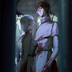 Rule 34 | 1boy, 1girl, blood, blood on clothes, blood on face, blood on hands, blue eyes, blue hair, brown hair, capelet, chinese commentary, closed mouth, coat, commentary request, enomoto noa, frown, gold trim, hair bobbles, hair ornament, height difference, highres, hua (qingmeiranshuangxue), isoi haruki, light blue hair, long sleeves, low ponytail, pants, red eyes, red pants, saibou shinkyoku, side ponytail, stasis tank, white capelet, white coat