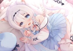 Rule 34 | 1girl, animal ear fluff, animal ears, black bow, blue eyes, blue hair, blue hat, blue skirt, bow, braid, cat ears, cat girl, cat tail, colored inner hair, frilled sleeves, frilled socks, frills, hair bow, hair ornament, hat, heterochromia, highres, indie virtual youtuber, lace, lace-trimmed shirt, lace-trimmed skirt, lace trim, long hair, looking at viewer, multicolored hair, nail polish, nyxerebos, on bed, open mouth, pillow, pink bow, pink nails, pleated skirt, purple eyes, shirt, side braids, skirt, slit pupils, socks, solo, sorashi purumu, tail, tail ornament, two-tone hair, unworn hat, unworn headwear, virtual youtuber, white hair, white shirt, white socks, white wings, wings, x hair ornament