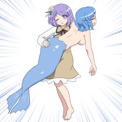 Rule 34 | 2girls, back, barefoot, blue hair, breasts, brown dress, closed eyes, completely nude, dress, emphasis lines, fins, flower, hair flower, hair ornament, hanging breasts, head fins, large breasts, long sleeves, mermaid, monster girl, multiple girls, nude, one eye closed, open mouth, purple eyes, purple hair, shirosato, smile, spanked, spanking, touhou, tsukumo benben, wakasagihime
