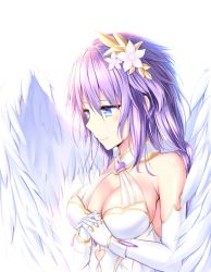 Rule 34 | 1girl, bare shoulders, blue eyes, blush, braid, breasts, cleavage, dress, elbow gloves, feathered wings, flower, four goddesses online: cyber dimension neptune, gloves, hair between eyes, hair flower, hair ornament, long hair, looking down, looking to the side, medium breasts, muwa12, neptune (series), own hands clasped, own hands together, power symbol, power symbol-shaped pupils, purple hair, purple heart (neptunia), simple background, smile, solo, symbol-shaped pupils, twin braids, twintails, upper body, very long hair, white background, white dress, white gloves, white wings, wings