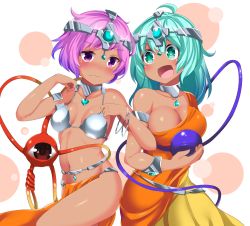 Rule 34 | 2girls, :d, alternate costume, alternate skin color, armlet, bare shoulders, blush, breasts, choker, cleavage, collarbone, cosplay, cowboy shot, dancer, dark-skinned female, dark skin, dragon quest, dragon quest iv, eyeball, green eyes, green hair, groin, headgear, heart, highres, hitotsuki nebura, indian clothes, komeiji koishi, komeiji satori, large breasts, locked arms, looking at another, looking at viewer, looking down, manya (cosplay), manya (dq4), minea (cosplay), minea (dq4), multiple girls, navel, nose blush, open mouth, pelvic curtain, purple eyes, purple hair, revealing clothes, siblings, sisters, small breasts, smile, thighs, third eye, touhou
