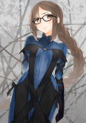Rule 34 | 1girl, arm ribbon, black-framed eyewear, black dress, black gloves, black ribbon, blue sweater, braid, breasts, brown eyes, brown hair, center opening, clothing cutout, commentary request, covered navel, dress, earrings, elbow gloves, fate/grand order, fate (series), frown, glasses, gloves, guranyto, jewelry, long hair, looking at viewer, medium breasts, ribbon, side cutout, sidelocks, single braid, solo, standing, striped, sweater, vertical stripes, very long hair, yu mei-ren (fate), yu mei-ren (first ascension) (fate)