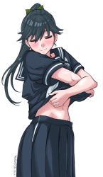 Rule 34 | 1girl, absurdres, black hair, black sailor collar, black serafuku, black skirt, clothes lift, commentary request, cowboy shot, closed eyes, high ponytail, highres, houshou (kancolle), jewelry, kantai collection, lifting own clothes, long skirt, one-hour drawing challenge, pleated skirt, ponytail, ring, sailor collar, school uniform, serafuku, shirt lift, simple background, skirt, solo, sozan, undressing, wedding band, white background