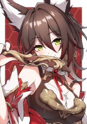 1girl animal_ears blush breasts brown_hair closed_mouth green_eyes hair_between_eyes highres holding honkai:_star_rail honkai_(series) looking_at_viewer medium_breasts portrait red_background ruisuke short_hair smile solo tingyun_(honkai:_star_rail) upper_body