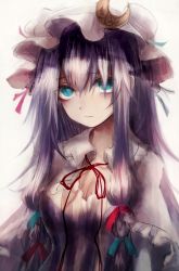 Rule 34 | 1girl, alternate eye color, bags under eyes, blue eyes, bow, breasts, capelet, cleavage, crescent, hair bow, hair ornament, hat, hat bow, long hair, looking up, maho moco, mob cap, patchouli knowledge, purple hair, simple background, solo, striped, touhou, upper body