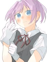 Rule 34 | 1girl, blue eyes, collared shirt, dress shirt, gloves, kantai collection, looking at viewer, neck ribbon, one-hour drawing challenge, pink hair, ponytail, red ribbon, ribbon, shiranui (kancolle), shirt, short hair, simple background, solo, suppaman (rfjy), upper body, white background, white gloves, white shirt
