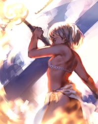 Rule 34 | 1girl, arched back, ass, back, bad id, bad pixiv id, bikini, bikini top only, blurry, dark skin, dark-skinned female, depth of field, fire, fire, flame trail, flat chest, highres, looking at viewer, looking back, magic, original, pachyphytum, red eyes, sarong, short hair, solo, staff, swimsuit, white hair