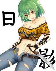 Rule 34 | 10s, 1girl, bare shoulders, belt, breasts, brown eyes, cleavage, collarbone, denim, earrings, green hair, hikage (senran kagura), holding, holding knife, jeans, jewelry, knife, large breasts, looking at viewer, midriff, naginoya, navel, off shoulder, pants, senran kagura, senran kagura shinovi versus, shirt, short hair, short sleeves, slit pupils, snake, solo, tattoo, tongue, tongue out, torn clothes, torn pants, unworn belt, wavy hair, wristband, yellow eyes, yellow shirt
