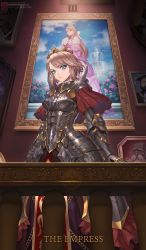 Rule 34 | 1girl, armor, blonde hair, blue eyes, boobplate, box (hotpppink), breastplate, breasts, crown, faulds, gauntlets, gold trim, highres, looking at viewer, original, plate armor, portrait (object), solo