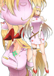 Rule 34 | 1girl, absurdres, alternate costume, ass, bare legs, bare shoulders, blonde hair, blush, breasts, chest jewel, close-up, dress, elbow gloves, full body, gloves, high heels, highres, large breasts, legs, long hair, multiple views, mythra (xenoblade), nurse, pink dress, red footwear, short dress, simple background, sleeveless, sleeveless dress, squatting, standing, swept bangs, thigh strap, very long hair, white background, xenoblade chronicles (series), xenoblade chronicles 2, yellow eyes, you nf