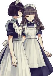 Rule 34 | 2girls, apron, black dress, black eyes, black hair, blunt bangs, blush, brown hair, closed eyes, closed mouth, collared dress, commentary request, dress, kashiwagi chisame, long hair, maid, maid apron, maid headdress, multiple girls, original, profile, short hair, short sleeves, simple background, white apron, white background