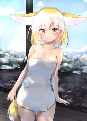 Rule 34 | 1girl, animal ears, bare legs, bare shoulders, bathtub, blonde hair, blue sky, blurry, blurry background, blush, breasts, brown eyes, brown hair, closed mouth, cloud, collarbone, commentary, cowboy shot, day, depth of field, ears down, fennec (kemono friends), fox ears, fox tail, gradient hair, highres, kemono friends, kinou no shika, looking at viewer, medium breasts, multicolored hair, naked towel, outdoors, skindentation, sky, smile, snow, solo, steam, tail, towel, water, white hair, winter