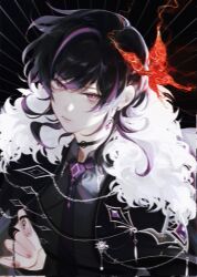 Rule 34 | 1boy, alternate costume, bishounen, black choker, blurry, bridal gauntlets, bug, butterfly, chain, choker, earrings, fur-trimmed jacket, fur trim, genshin impact, highres, insect, jacket, jewelry, looking at viewer, male focus, purple eyes, red butterfly, ring, scaramouche (genshin impact), short hair, single earring, solo, upper body, yionyi23