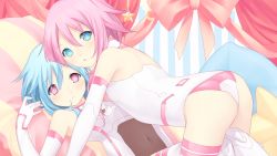 Rule 34 | 2girls, all fours, ass, bad id, bad pixiv id, bare shoulders, blue eyes, blue hair, blush, boots, elbow gloves, gloves, highres, incest, leotard, looking at viewer, lying, multiple girls, neptune (series), on back, open mouth, pillow, pink eyes, pink hair, power symbol-shaped pupils, ram (neptunia), rom (neptunia), shiga obun, short hair with long locks, siblings, sisters, skin tight, symbol-shaped pupils, thigh boots, thighhighs, twins, white sister ram, white sister rom
