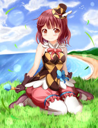 Rule 34 | 1girl, atelier (series), atelier sophie, blue bow, blush, bow, breasts, brown eyes, brown hair, closed mouth, grass, highres, large breasts, looking at viewer, name connection, pantyhose, pink bow, seiza, sitting, smile, solo, sophie neuenmuller, white pantyhose, xenon (for achieve)
