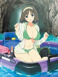 Rule 34 | 1girl, bare hips, bare legs, barefoot, bikini, boat, bottle, breasts, brown hair, cave, cleavage, embarrassed, green bikini, green eyes, hands up, highres, huge breasts, jacket, legs, legs together, looking at viewer, open mouth, senran kagura, short hair, shuri (senran kagura), sitting, swimsuit, thick thighs, thighs, water, watercraft, wet, wet clothes, wet swimsuit