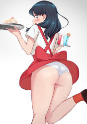 Rule 34 | 1girl, alternate costume, arigiep, ass, black hair, blue eyes, blush, bow, cake, clothes lift, dessert, drink, food, from behind, fruit, gradient background, gridman universe, highres, holding, holding plate, long hair, looking at viewer, looking back, open mouth, panties, plate, profile, red bow, red skirt, shirt, short sleeves, skindentation, skirt, solo, ssss.gridman, standing, standing on one leg, strawberry, strawberry shortcake, suspender skirt, suspenders, takarada rikka, thighs, underwear, white panties, white shirt