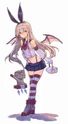 Rule 34 | air qh, bad id, bad twitter id, basket, bat wings, black panties, black sailor collar, blonde hair, blue skirt, bow, bowtie, commentary, crop top, elbow gloves, gloves, hairband, halloween, hand on own hip, high heels, highleg, highleg panties, highres, kantai collection, long hair, microskirt, miniskirt, navel, panties, red neckwear, rensouhou-chan, rudder footwear, sailor collar, school uniform, serafuku, shadow, shimakaze (kancolle), simple background, skirt, striped clothes, striped legwear, striped thighhighs, thighhighs, thong, thrusters, tongue, tongue out, torpedo, underwear, white background, white gloves, wings, yellow eyes