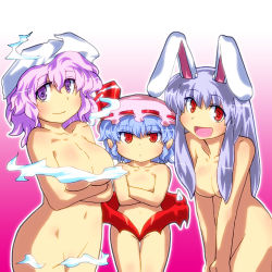 Rule 34 | 3girls, animal ears, breasts, censored, censored nipples, cleavage, collarbone, convenient censoring, covering privates, covering crotch, crossed arms, female focus, flat chest, gomi ichigo, groin, hair over breasts, hat, highres, large breasts, letty whiterock, long hair, multiple girls, navel, nude, open mouth, purple eyes, purple hair, rabbit ears, red eyes, reisen udongein inaba, remilia scarlet, short hair, smile, take your pick, touhou, trait connection, v arms, wings
