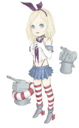 Rule 34 | 1girl, blonde hair, child, cosplay, dreamer tapir, elbow gloves, eyebrows, full body, gloves, hairband, highres, innertube, kantai collection, looking at viewer, midriff, open mouth, original, shimakaze (kancolle) (cosplay), shoes, simple background, sketch, skirt, solo, standing, striped legwear, swim ring, white background