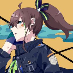 Rule 34 | 1girl, aasu (mhgbh510), ahoge, aqua eyes, bow, brown hair, chips (food), ear piercing, food, from side, hair between eyes, hair bow, highres, hololive, jacket, looking at viewer, natsuiro matsuri, open mouth, piercing, ponytail, profile, simple background, solo, virtual youtuber