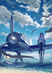 Rule 34 | 1girl, :o, absurdres, aircraft, airplane, animal, arm support, beach, biplane, bird, black hair, black neckwear, black pantyhose, blue bow, blue sky, blunt bangs, bow, breasts, choker, cloud, cloudy sky, day, detached sleeves, dress, flying, gem, hair bow, hand on lap, highres, jewelry, long hair, medium breasts, multicolored hair, necklace, ocean, open mouth, original, outdoors, pantyhose, purple hair, seagull, seaplane, sky, sleeveless, sleeveless dress, solo, two-tone hair, vehicle focus, water, white dress, yasumo (kuusouorbital)