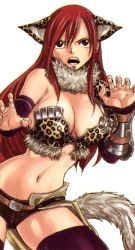 Rule 34 | 1girl, animal ears, armor, breasts, brown eyes, cat ears, cat girl, cat tail, cleavage, erza scarlet, fairy tail, female focus, large breasts, long hair, mashima hiro, midriff, open mouth, red hair, short shorts, shorts, solo, tail, thighhighs