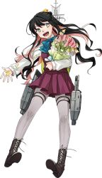 Rule 34 | 10s, 1girl, black hair, blouse, blush, boots, cross-laced footwear, dress, fang, flower, fujikawa, full body, hair ribbon, holding, holding flower, kantai collection, knee boots, lace-up boots, long hair, long sleeves, looking to the side, machinery, multicolored hair, naganami (kancolle), official art, open hand, open mouth, pantyhose, petals, pink hair, purple pantyhose, ribbon, school uniform, shirt, skirt, sleeveless, sleeveless dress, smile, solo, teeth, torpedo, transparent background, wavy hair, white background, white shirt, yellow eyes