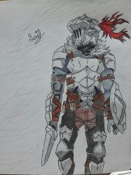 Rule 34 | absurdres, alterrecs, armor, armored boots, belt, blade, boots, breastplate, gloves, goblin slayer, goblin slayer!, graphite (medium), greaves, highres, holding, holding sword, holding weapon, looking to the side, self-upload, shield, sword, traditional media, weapon