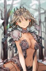Rule 34 | 1girl, bare arms, blurry, blurry background, breasts, brown eyes, brown hair, cleavage, closed mouth, commentary, crown, garter straps, highres, lens flare, looking at viewer, medium breasts, muyu713, navel, original, outdoors, revealing clothes, short hair, sitting, solo, spread legs, tree, yu chuang