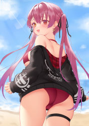 Rule 34 | 1girl, :d, ass, bare shoulders, beach, bikini, black jacket, cowboy shot, day, earrings, hair ribbon, halterneck, highres, hololive, houshou marine, houshou marine (summer), jacket, jewelry, long hair, long sleeves, looking at viewer, looking back, off shoulder, open clothes, open jacket, open mouth, outdoors, red bikini, red eyes, red hair, ribbon, smile, solo, string bikini, sunlight, swimsuit, thigh strap, twintails, very long hair, virtual youtuber, yellow eyes, zhaofeng yinyue