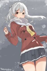 Rule 34 | 1girl, alternate breast size, gradient neckerchief, grey eyes, grey hair, grey skirt, highres, i-201 (kancolle), jacket, kantai collection, long hair, looking at viewer, miron (mirona33), neckerchief, red jacket, sailor collar, skirt, solo, standing, twitter username, white sailor collar, yellow neckerchief