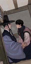 Rule 34 | 2boys, baek nakyum, black hair, brown eyes, hands up, hat, highres, korean clothes, long hair, looking at another, multiple boys, open mouth, painter of the night (manhwa), sitting, yoon seungho