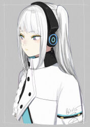 Rule 34 | 1girl, :/, blunt bangs, border, braid, buttons, cevio, closed mouth, coat, commentary, cropped torso, double-breasted, expressionless, green eyes, grey background, haru (cevio), headphones, high collar, highres, isshiki (ffmania7), kamitsubaki studio, light blush, long hair, looking ahead, multicolored eyes, one side up, outside border, pink eyes, side braid, sidelocks, signature, solo, symbol-only commentary, twitter username, white coat, white hair, yellow lips
