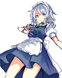 Rule 34 | 1girl, apron, between fingers, blue dress, blue eyes, bow, braid, breasts, commentary request, cowboy shot, dress, green bow, green ribbon, hair between eyes, hair bow, holding, holding knife, holding weapon, izayoi sakuya, knife, knives between fingers, looking at viewer, maid, maid apron, maid headdress, medium breasts, neck ribbon, paragasu (parags112), puffy short sleeves, puffy sleeves, ribbon, shirt, short hair, short sleeves, silver hair, simple background, sketch, solo, standing, thighs, touhou, twin braids, waist apron, weapon, white apron, white background, white shirt, wristband