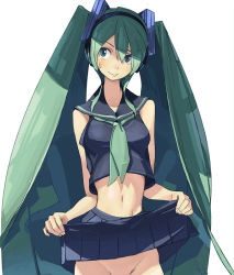 Rule 34 | 1girl, bad id, bad pixiv id, clothes lift, crop top, crop top overhang, domo1220, artistic error, green eyes, green hair, groin, hatsune miku, head tilt, long hair, looking at viewer, matching hair/eyes, midriff, navel, no panties, out-of-frame censoring, school uniform, serafuku, simple background, skirt, skirt lift, solo, sweatdrop, twintails, very long hair, vocaloid, white background