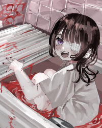 Rule 34 | 1girl, :d, absurdres, ahoge, bandaid, bandaid on neck, barbell piercing, bare legs, bath, bath of blood, bathing, black nails, blood, blood splatter, blush, brown hair, commentary request, ear piercing, eyelashes, eyepatch, feet out of frame, from side, gauze, hanataro (sruvhqkehy1zied), hand up, head tilt, highres, indoors, industrial piercing, knees up, long hair, looking at viewer, mole, mole under eye, mole under mouth, nail polish, open hand, open mouth, original, piercing, purple eyes, self-harm, shirt, short sleeves, sitting, smile, solo, t-shirt, teeth, tile wall, tiles, tongue, upper teeth only, wall, white shirt
