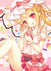 Rule 34 | 1girl, alternate costume, blonde hair, cookie, flandre scarlet, food, frills, harukaruha, hat, mob cap, red eyes, side ponytail, solo, sweets, touhou, white hat, wings, wrist cuffs