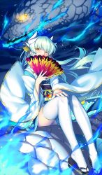 Rule 34 | 1girl, blue fire, blush, dragon, fan over face, fate/grand order, fate (series), fire, floating hair, full body, glowing, glowing eyes, hair ornament, hand on own knee, head tilt, japanese clothes, kimono, kiyohime (fate), long hair, looking at viewer, pelvic curtain, sash, silver hair, sitting, solo, thighhighs, very long hair, white thighhighs, yangsion, yellow eyes, yukata