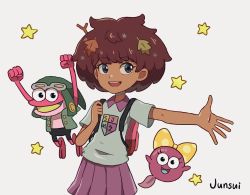Rule 34 | amphibia, anne boonchuy, brown eyes, brown hair, commentary request, dark skin, full body, gloves, hair ornament, hat, highres, holding, junsui (omori0310), non-web source, open mouth, polly plantar, ponytail, shirt, simple background, skirt, smile, sprig plantar