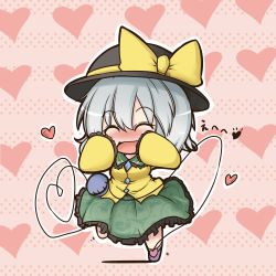 Rule 34 | 1girl, blush, bow, chibi, dekasudachin, closed eyes, female focus, floral print, full body, hands on own cheeks, hands on own face, hat, hat bow, heart, heart of string, komeiji koishi, open mouth, shirt, short hair, silver hair, skirt, smile, solo, standing, standing on one leg, third eye, touhou
